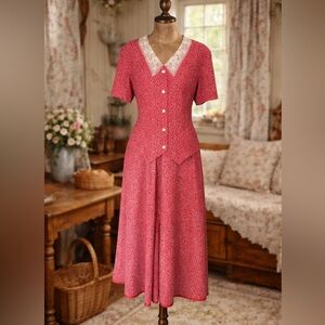 Vintage 1990s Susan Bristol Red & White Mini Floral Vest-Blouse & Midi Skirt Set